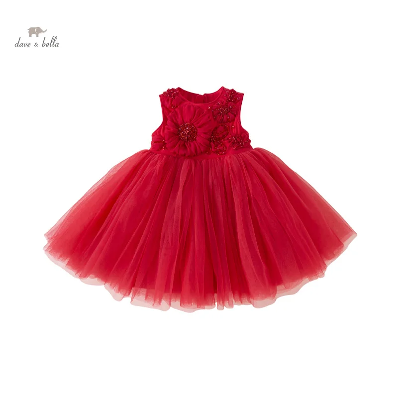 Dave Bella Girl's Princess Dress 2024 New Summer Children's Baby Sleeveless Red Mesh Noble Cute Sweet Charm Party DB17294-A