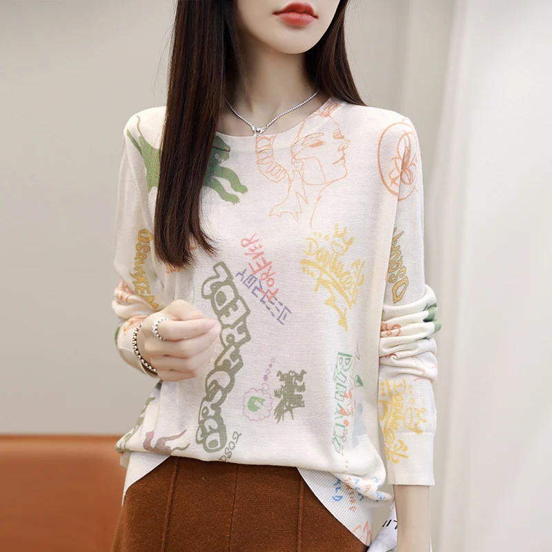 Spring Autumn New Fashion Cashmere Sweater Women\'s Worsted Wool O-Neck Thin Long Sleeve Knit Pullover Flower Pattern Printed Top