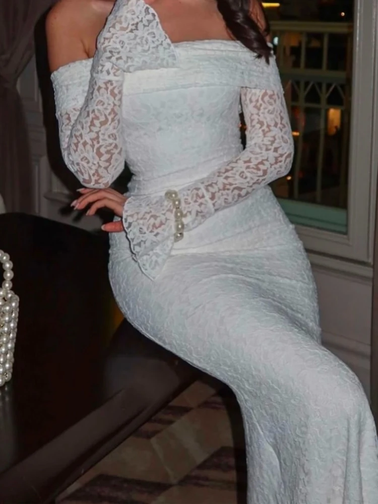 Feminino casual mangas largas sólido vestido de festa elegante fora do ombro vestidos de manga longa moda altura cintura bordado vestido longo