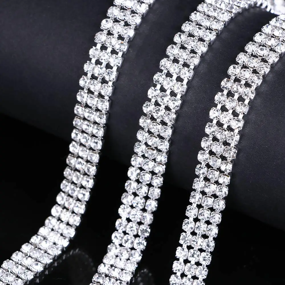 Delicate Clear Chain DIY Silver Sparkling 1-row 2-row 3-row Trim Crystal 1 Yard Rhinestone