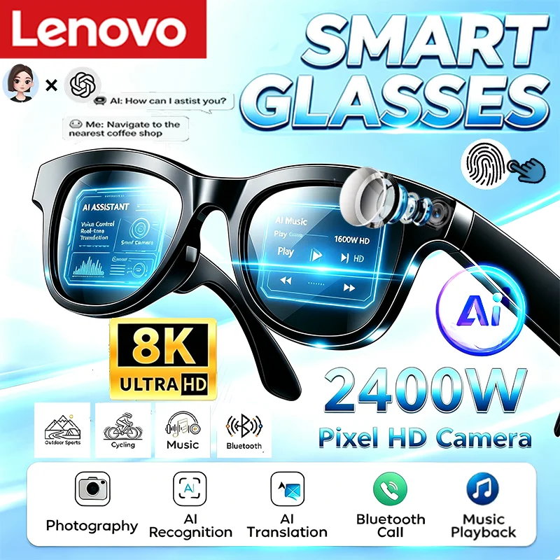 Lenovo AI Record Smart Glasses 2400W HD Camera Bluetooth AI Language Translation Glasses Calling Voice Assistant Smart Lunettes