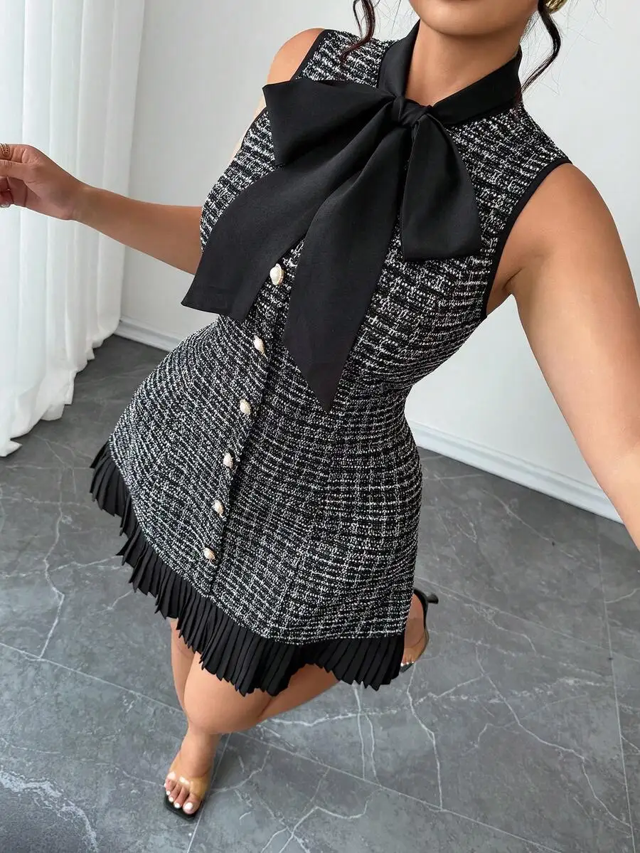 

Tweed Pleated Dress With Bow Collar Sleeveless Slim Fit Office Elegant Dress