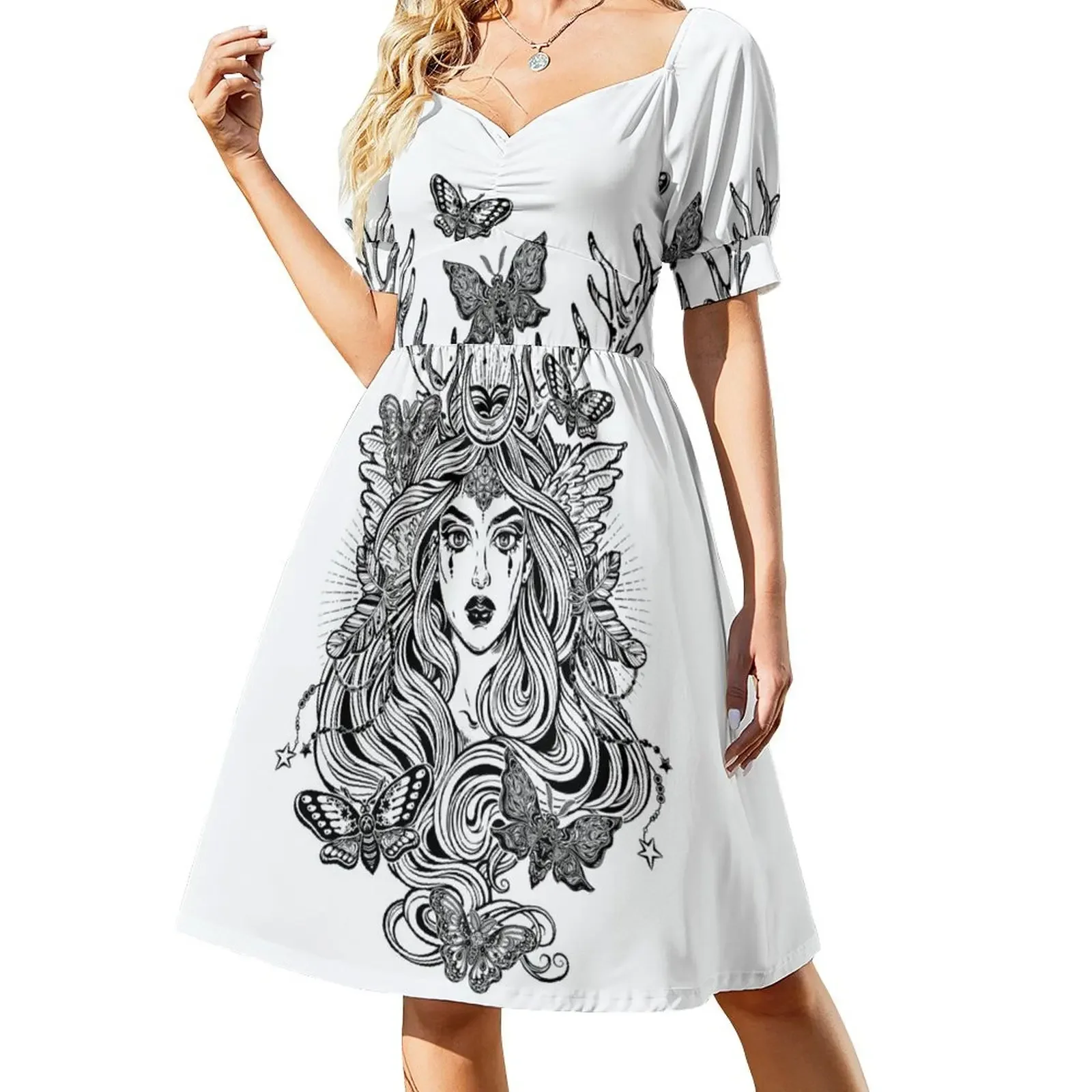 

Shaman elf magic woman with deer antlers and long hair, nightn moths and butterflies. Sleeveless Dress summer dress daily