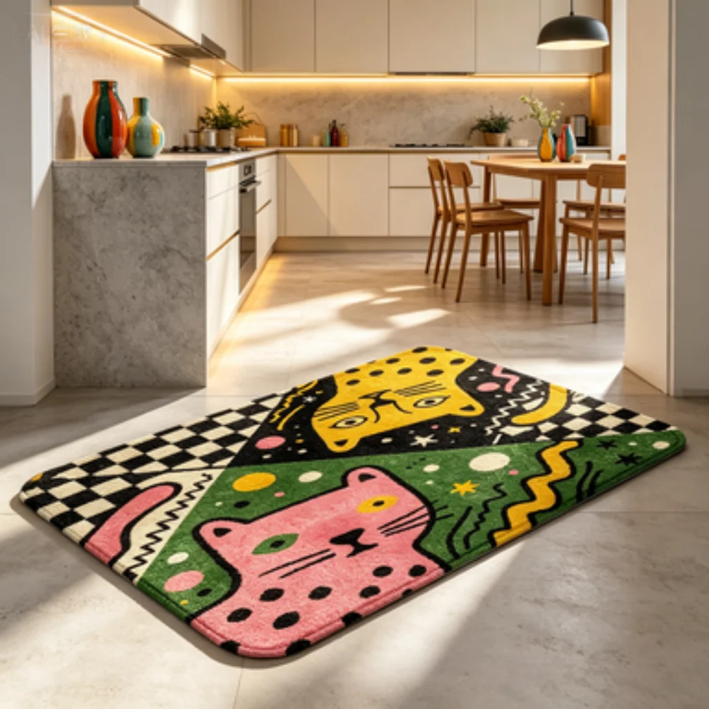 Welcome Black Cat Paw Mat, Checkerboard Cat Kitchen Runner, Color Cat Checkerboard Dot Runner, Wild Cat Contrast Mat.