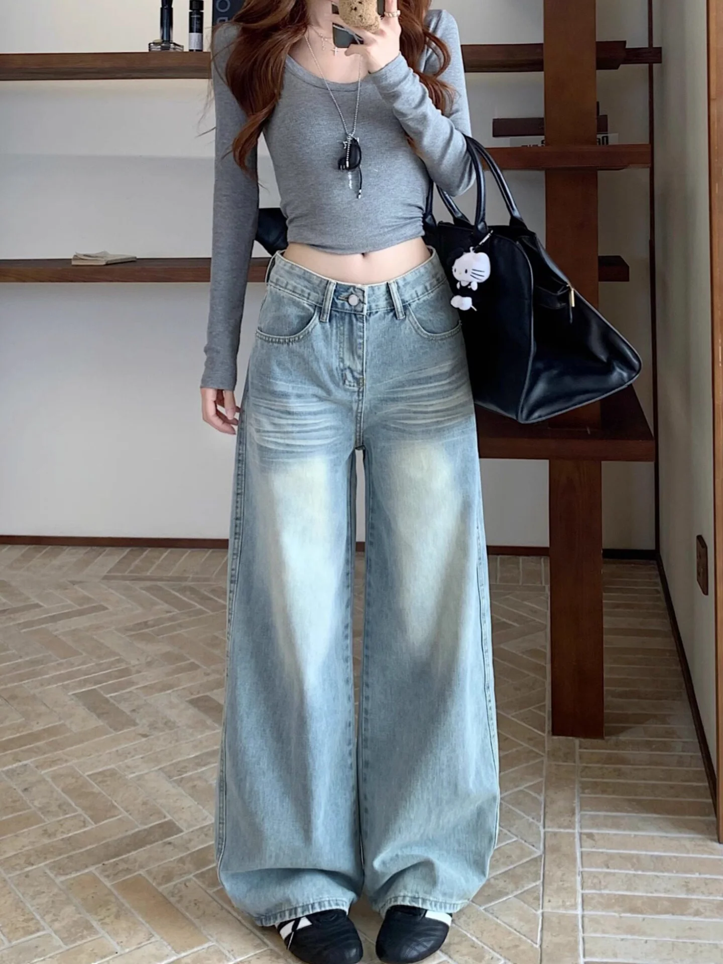

New Summer Women's Loose Fit Light Blue Denim Wide Leg Pants Straight Cut Trousers Versatile High Waist Retro Style Casual Jeans
