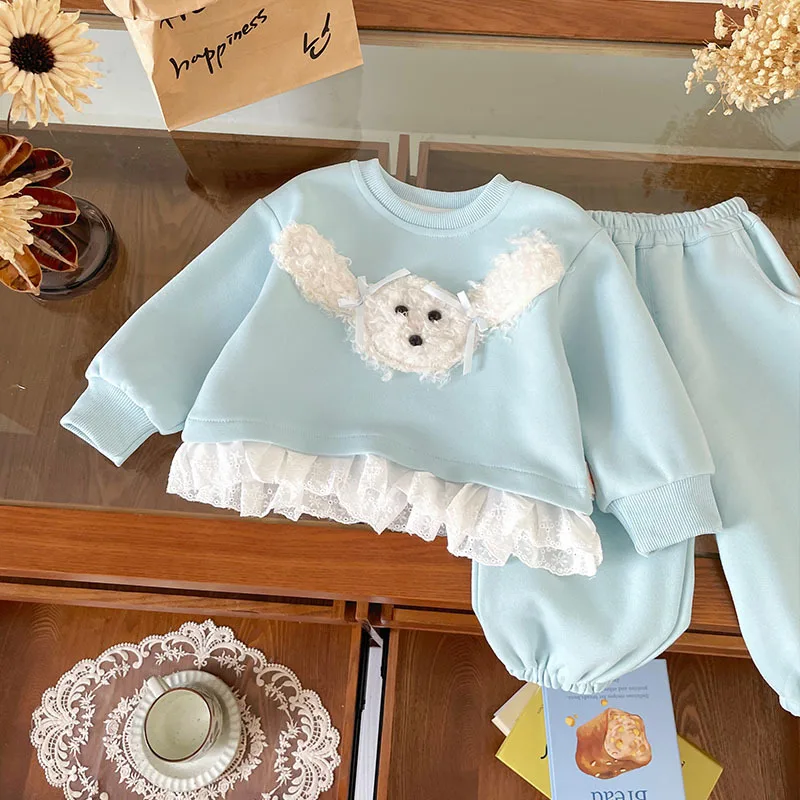 

Spot GoodsQT259605Girls Suit2025Autumn New Lace Trim Cute Dog Patch Sweatshirt and Sweatpants