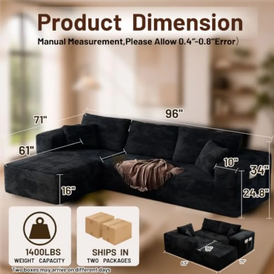 Living room boneless sectional sofa in black L-shape, memory foam cushioning, fabric upholstery, easy assembly