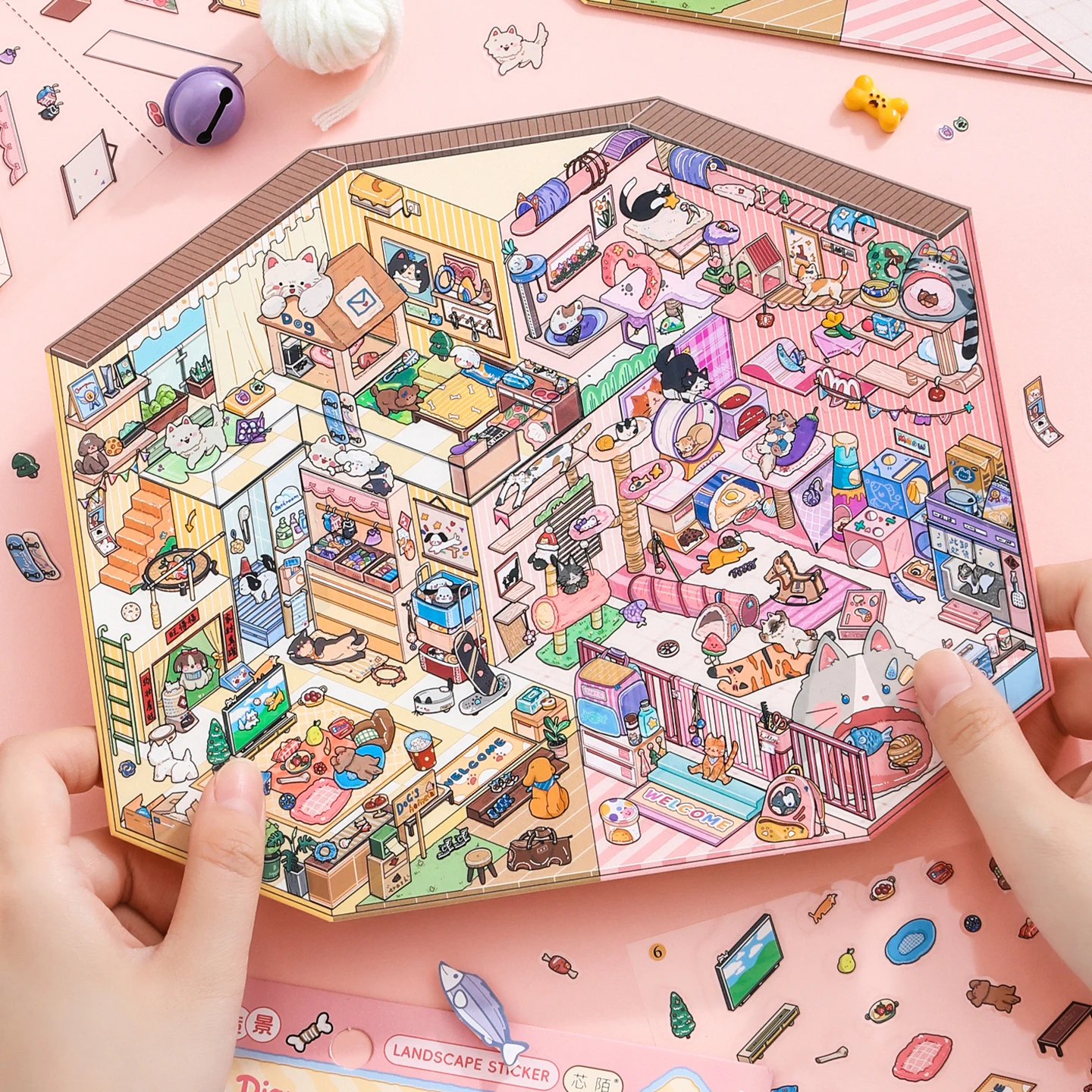 4Pcs Cat House Layered PET Stickers, 3D perspective scene decals for journal diorama collage
