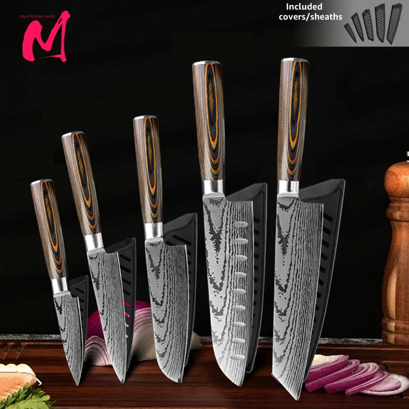 Küchenmesser Kochmesser 7CR17 440C High Carbon Edelstahl Hackmesser Fleisch Obstmesser Nachahmung Damaskus Schleifen Lasermesser
