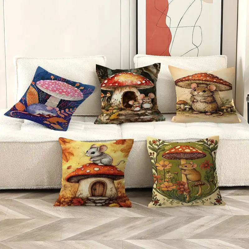 

Whimsical Woodland Mice on Mushrooms Pillow Gift Home Office Decoration Bedroom Sofa Car Cushion Cover case 45x45
