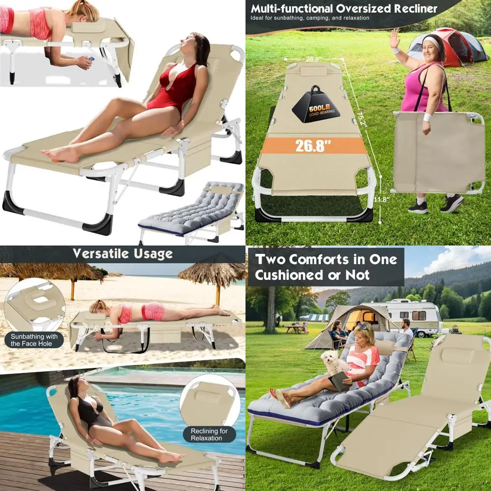 

Outdoor Folding Chaise Lounge Chair for Sunbathing with 5-Position Adjustments, Face Hole, and Portable Design