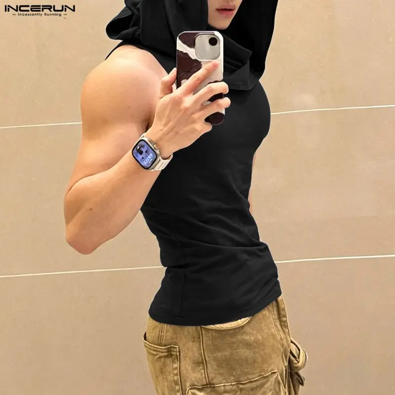 INCERUN Herren Unregelmäßige Tanktops mit Kapuze Ärmellos Sommer Einfarbig Herrenbekleidung Streetwear Mode Lässige Männer-Westen Tops 2026