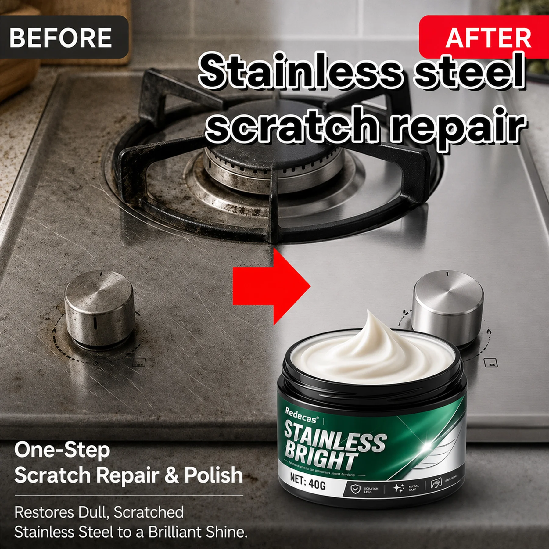 Stainless Steel Scratch Remover Paste, Erases Scratches on Faucets, Showers & Stoves, One-Step Polish Restores Shine