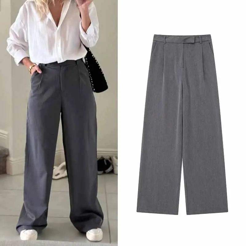 TRAF Wide Leg Women Pants Mid Waist Button Zipper Lady Trousers New In 2024 Spring Summer Fashion Elegant Office Women Clothing