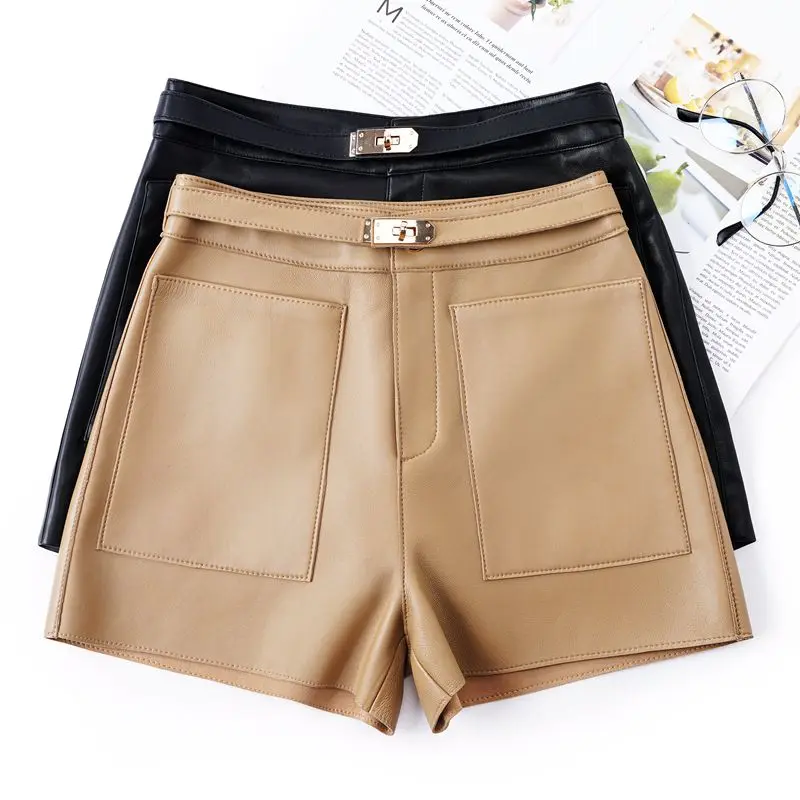 

202 Autumn New Women's Leather orts High Waist Wide Leg A-Line Slimming eepskin Winter Versatile Outdoor Wear Casual Pants
