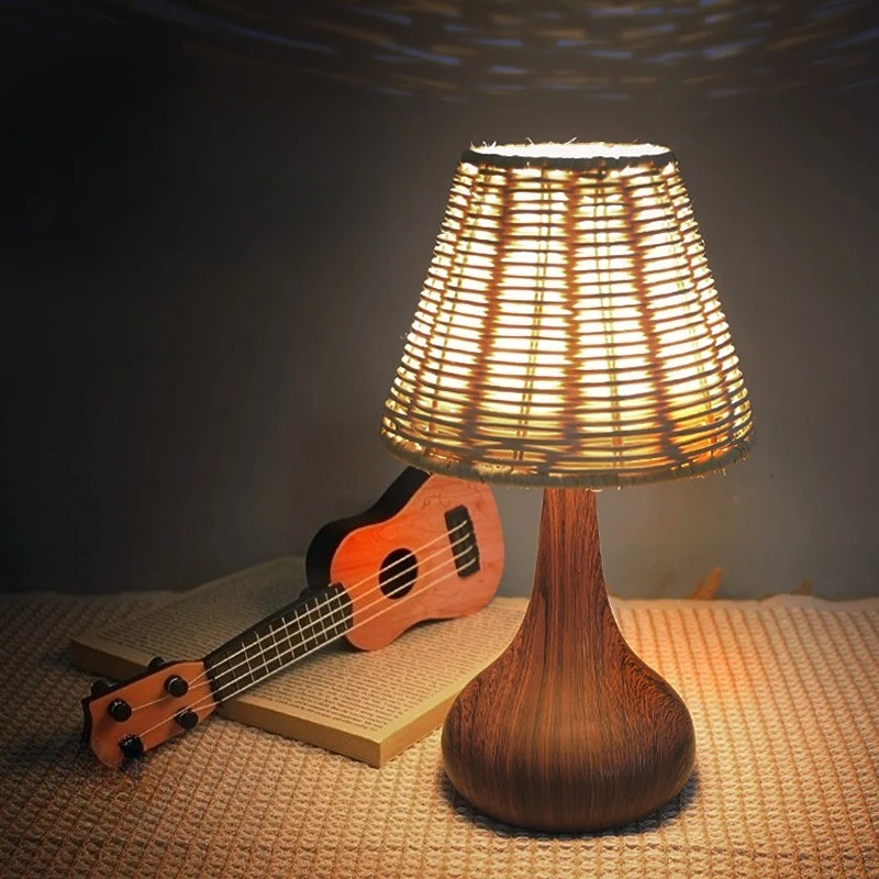 レトロなナイトランプ竹織りテーブルランプ寝室の装飾ライト