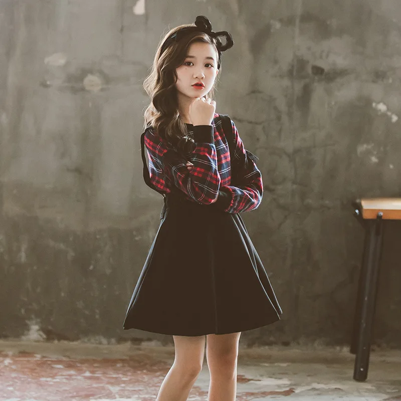 

Корейская осень 2022, детский комплект из двух предметов для девочек, клетчатый пуловер с длинными рукавами для девочек-подростков, юбка на подтяжках