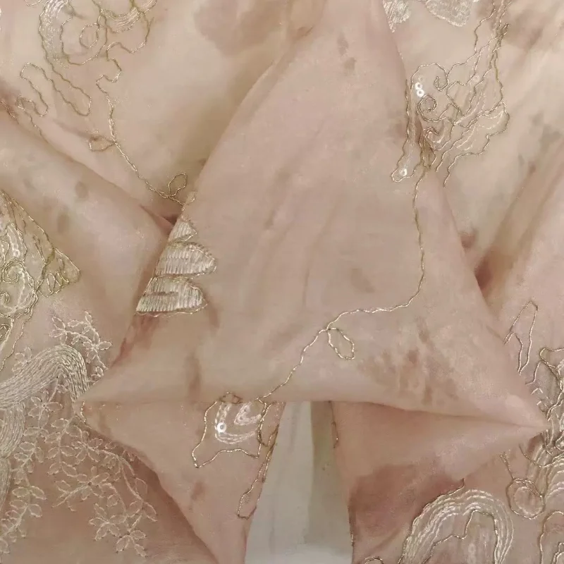 Pink Ink Wash Dyed Gold Thread Embroidery Tulle Fabric Chinese Style Designer Dress Camisole Hanfu DIY Fashion Sewing Material