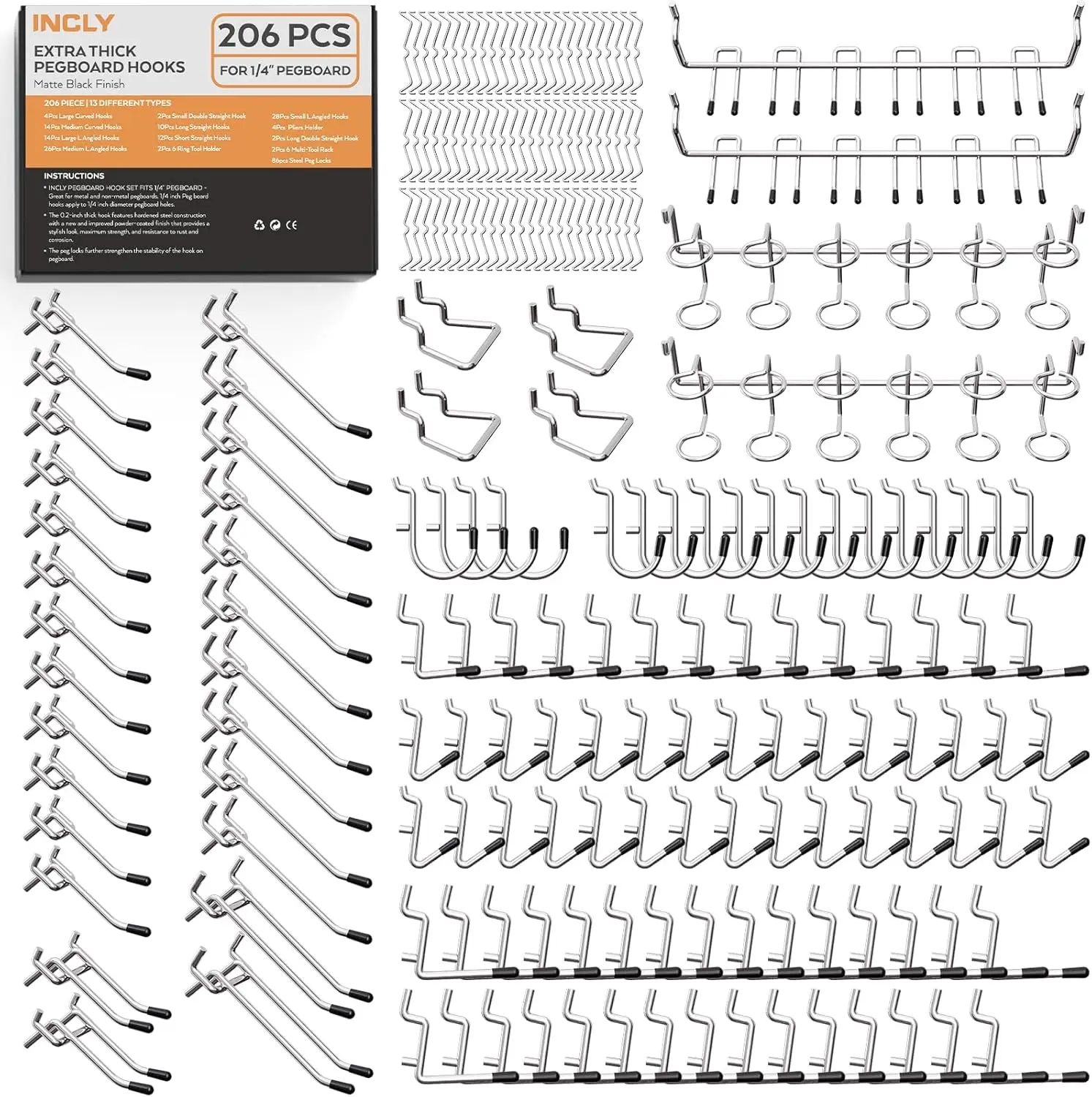 

1/4" Pegboard Hooks Set 206PCS Heavy Duty Peg Board Hooks & Hangers Only Fit 1/4 Inch Pegboard for Tools Crafts Garage Organizer