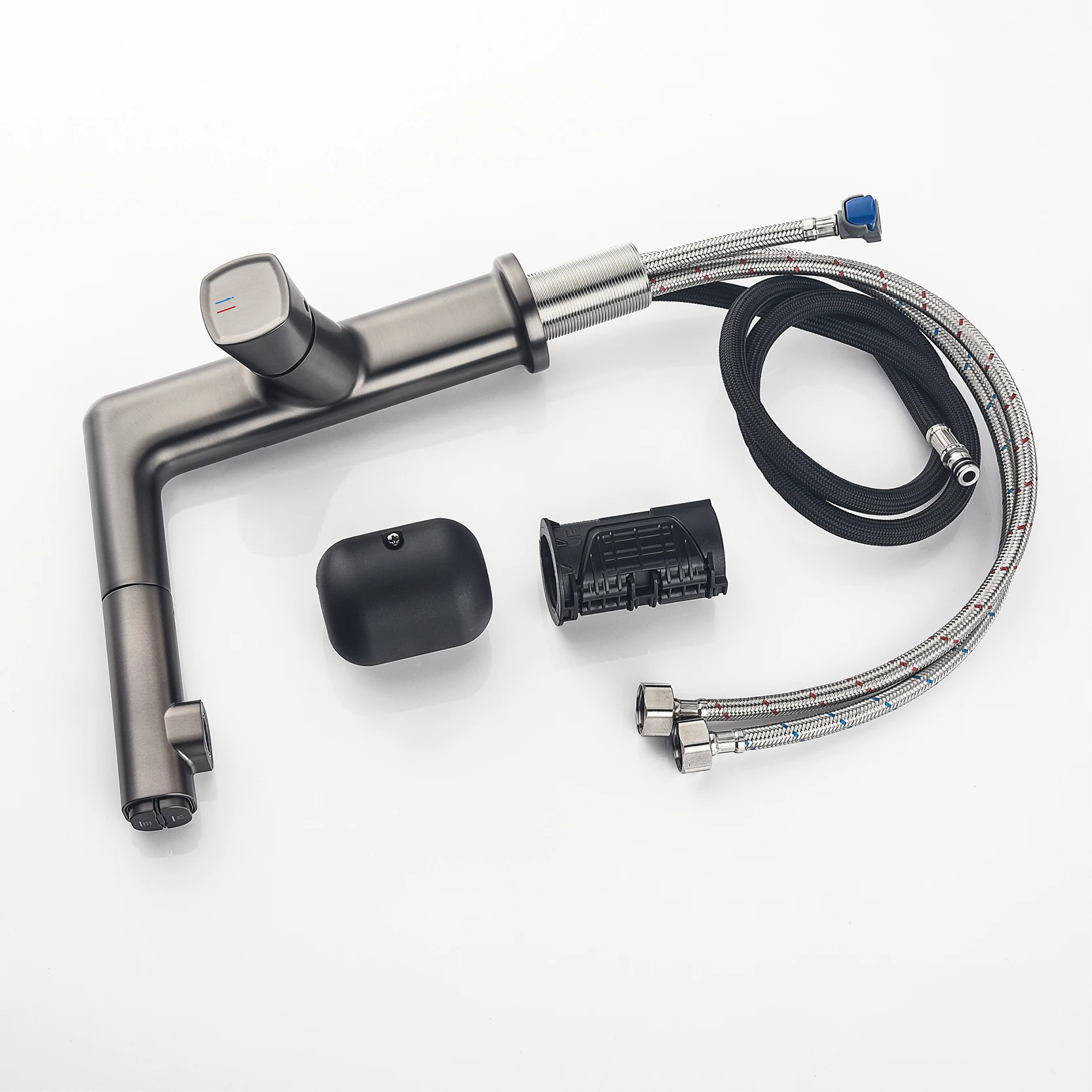 Imagem -06 - Torneira de Lavatório de Banheiro com Alça Única Arma Moderna Cinza Controle Duplo Frio e Quente Alça Dupla Design de Puxar