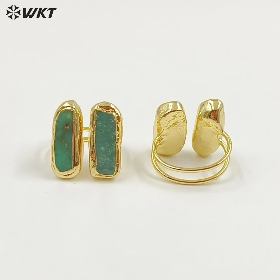 WT-R582 Beautiful Gold Electroplated Natural Australia Chrysoprase Rectangle Stone Rings As Women Everyday Wearing Jewelry