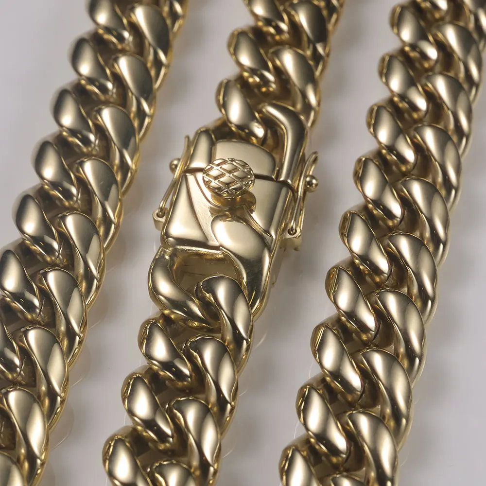14K Gold Plated 8mm 12mm Stainless Steel Cuban Chain Hip Hop PVD Plated Cuban Link Chain Necklace For Men Women Party Gift
