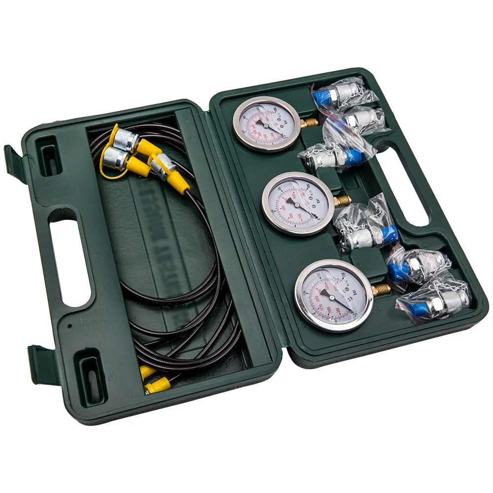 Hydraulic Pressure Gauge Kit Excavator Hydraulic Pressure Meauring Device  with 3x Connect Hose 6x Couplings 1x Carry Case