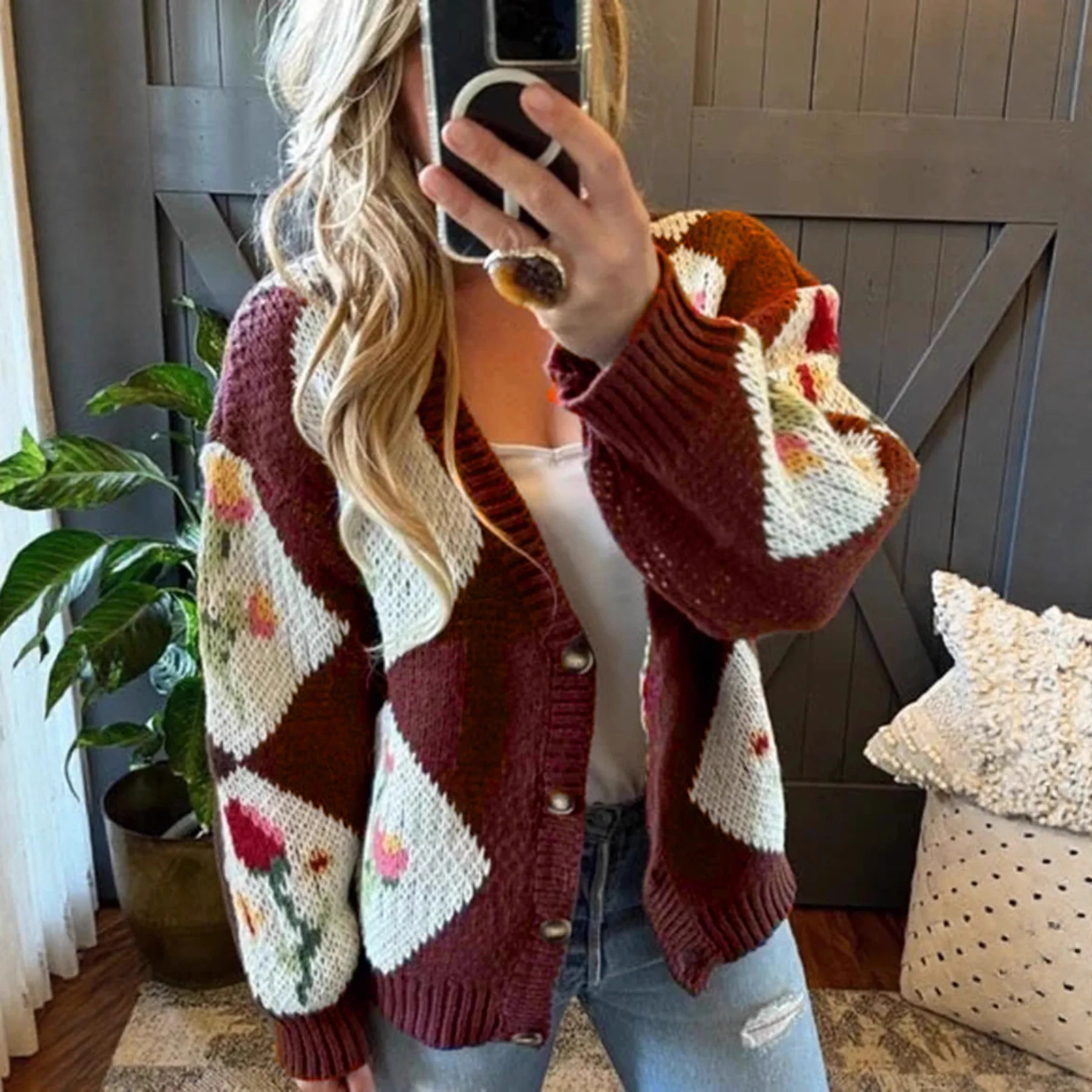 Sweet Flower Jacquard Women Cardigan Sweet Color Blocked Drop Shoulder Sweater For Female Versatile Single Breast Lady Knitwear
