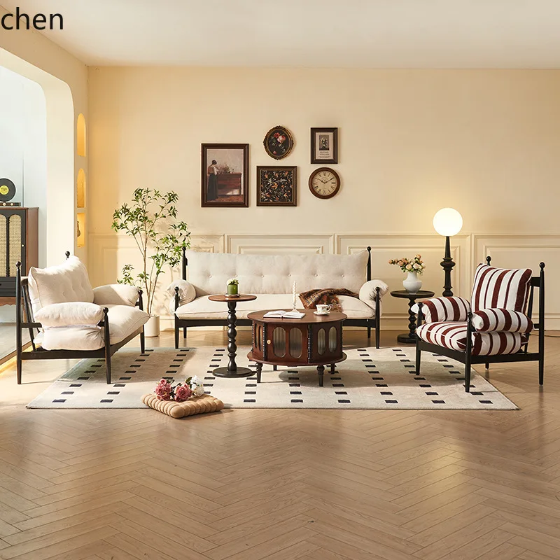 HT Cream Style Red Black Three-Seater Sofa Vintage Living Room Sofa Coffee Table Set Factory Direct Sale