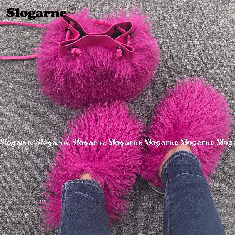 Women's Fashion Sets Fur Slippers Fur Handbags Woman Luxury Faux Fur Set Slides Furry Bag Purse Wallet Indoor Shoes Plus Size 49