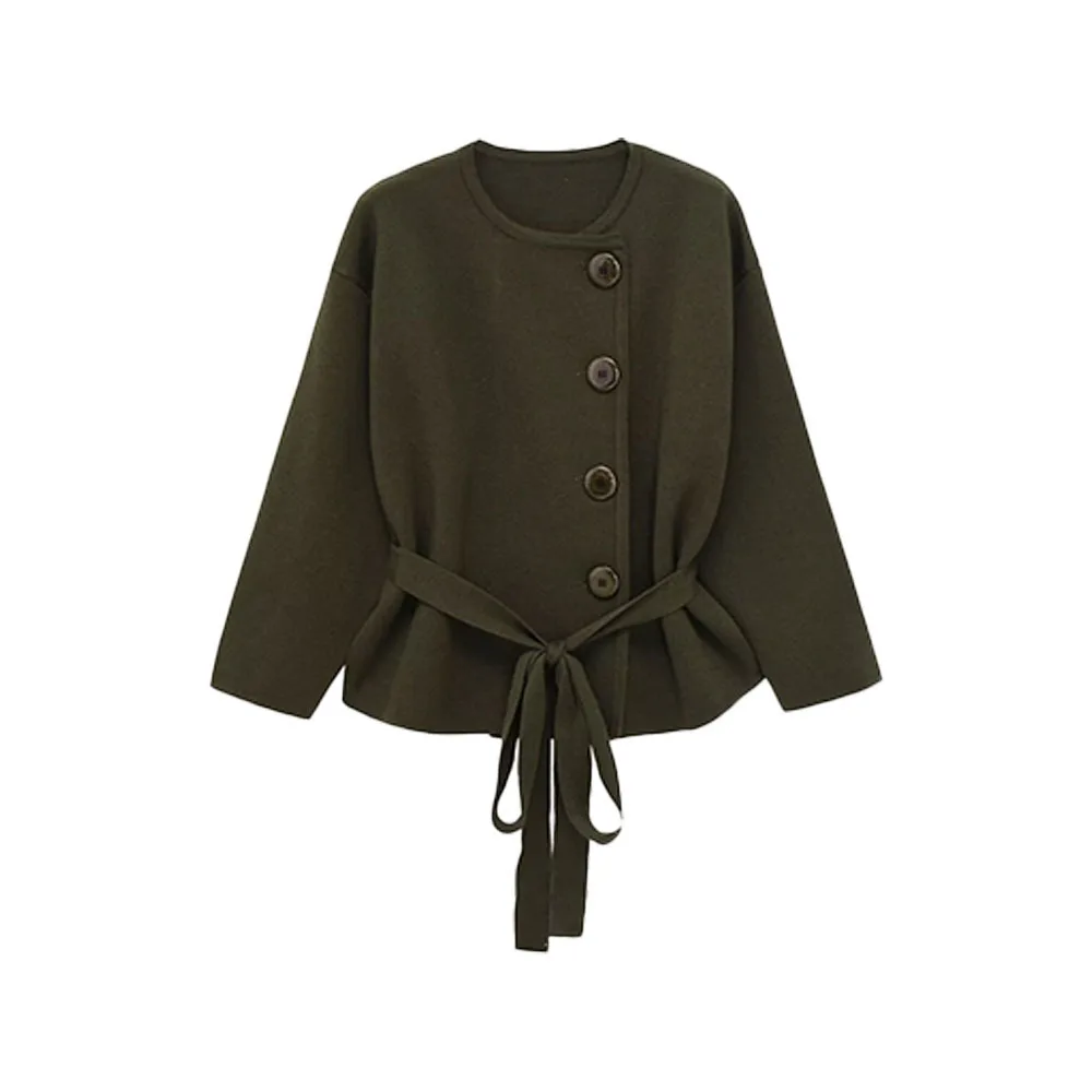 

Новая осенняя женская куртка во французском стиле с круглым вырезом и длинными рукавами, поясом и вязаным коротким пальто.