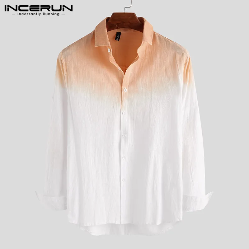 INCERUN Fashion Men\'s Shirt Cotton Long Sleeve Tie Dye Gradient Lapel Streetwear Men Casual Shirts 2024 Camisa Masculina 2024