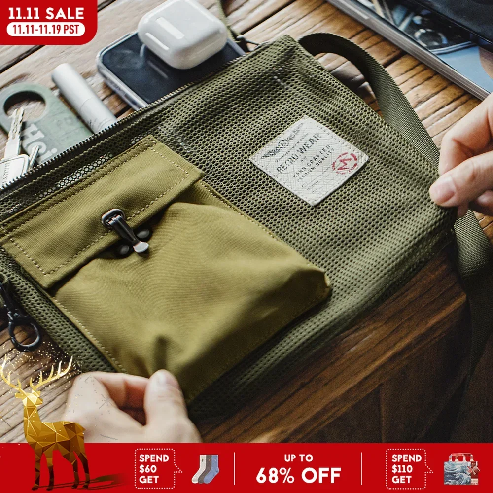 

Maden Outdoor Crossbody Bag Men's Green Summer Lightweight Mesh Messenger Bag with Adjustable Strap Phone Pouch for Hiking&Daily