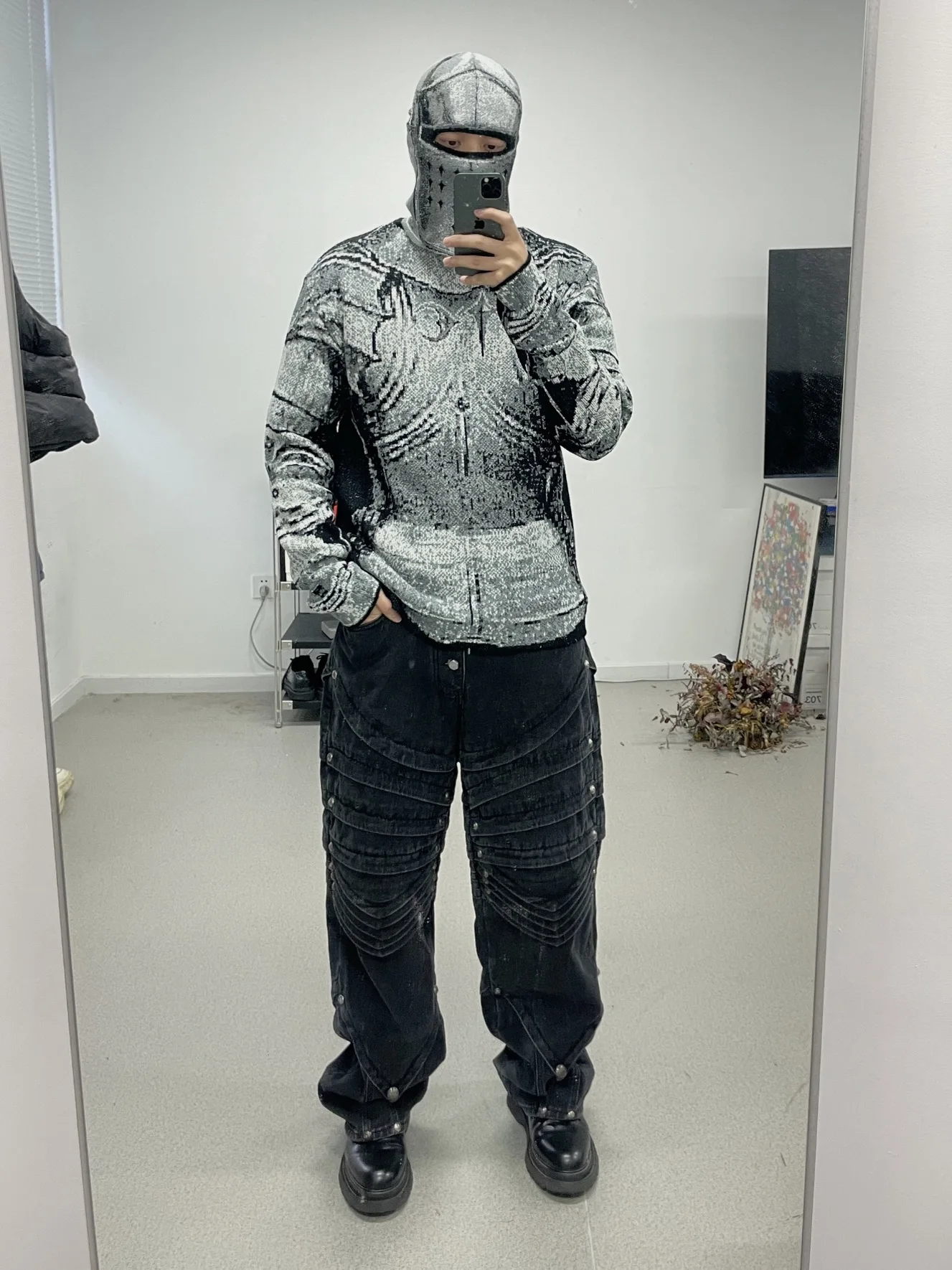 

Джинсы Thulub Waed Ey Armor Knight, металлические многослойные джинсовые брюки в стиле пэчворк, свободные прямые современные молодежные брюки