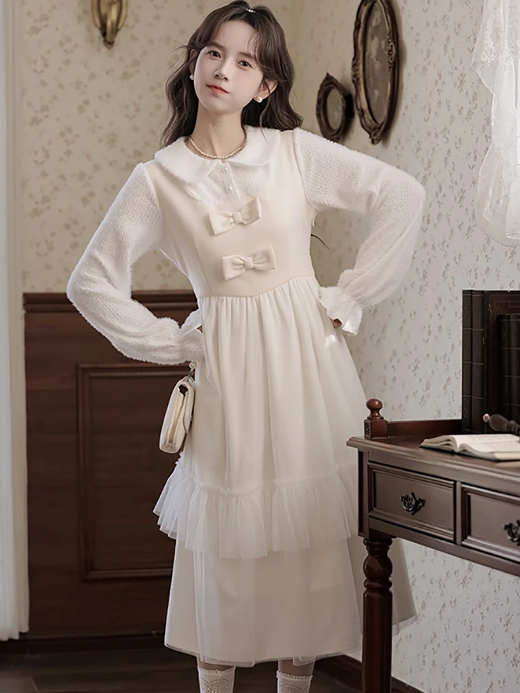 Robe mi-longue à volants en maille pour femmes, avec nœud blanc, Patchwork, manches longues, col de poupée, tenue décontractée, automne hiver, robes moulantes coréennes, 2025