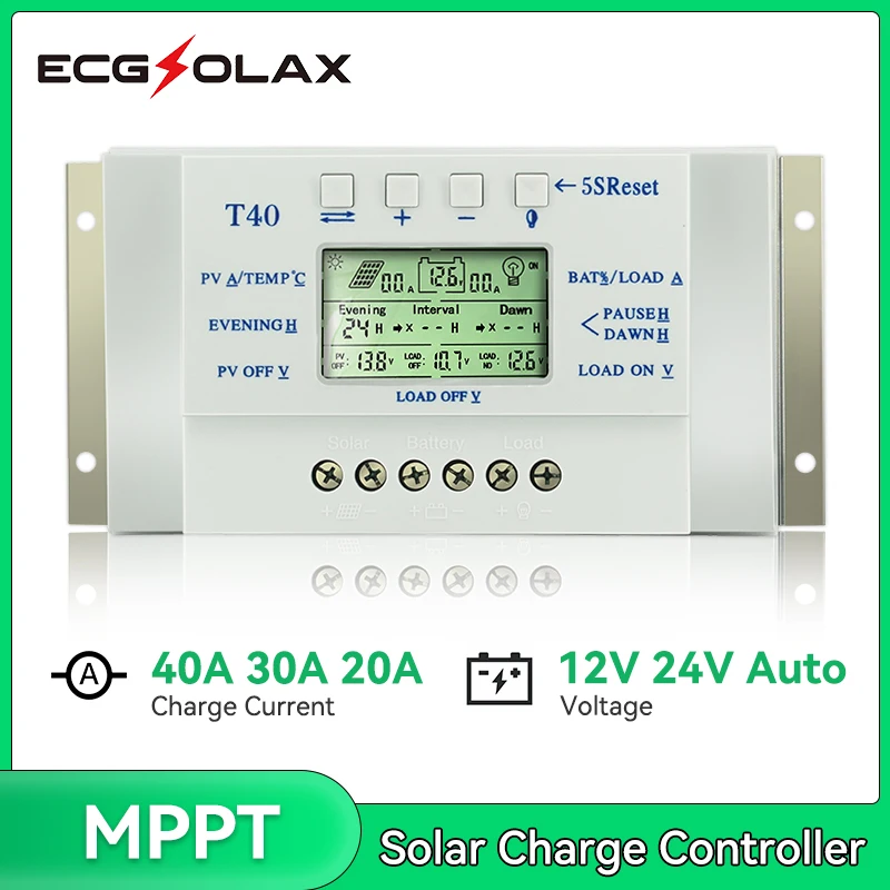 ECGSOLAX MPPT 20A 30A 40A  Solar Charge Controller 12V 24V AUTO LCD Display Regulator For Lighting System Solar Panel Battery