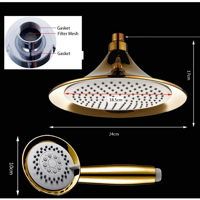 Luxury Gold ABS Shower Head Adjustable Angles Round Rainfall Showerhead High Pressure Water Saving 3 Mode Handheld Shower Spray