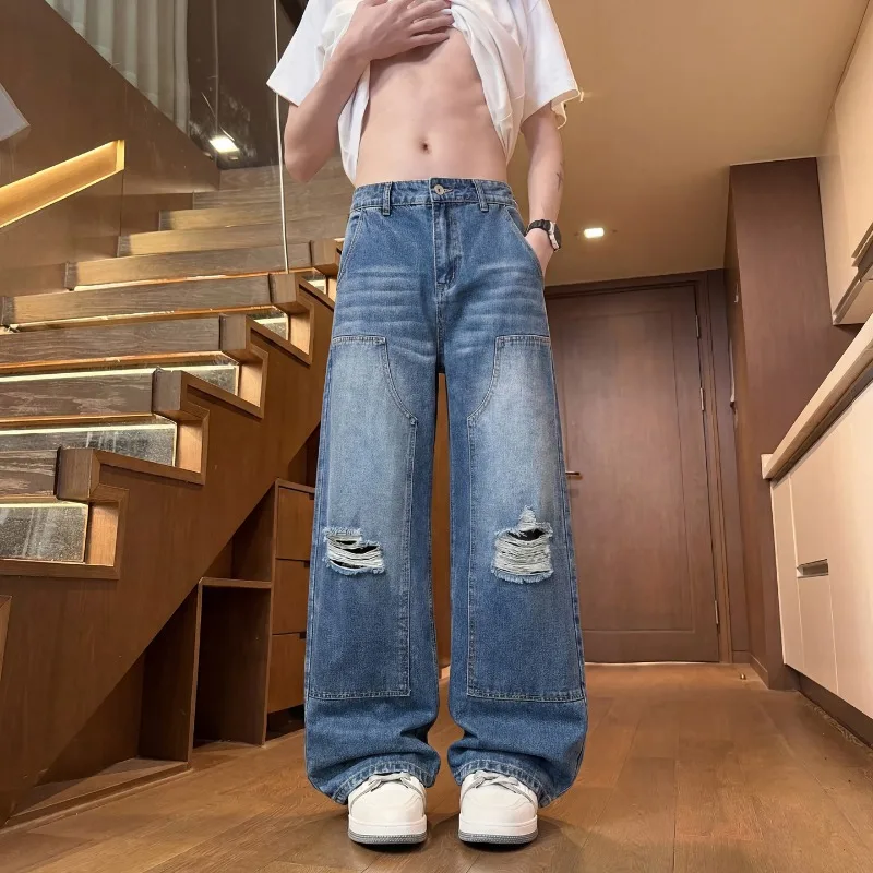 Men's Jeans Man Pants High Street Heavy Craft Loose Straight Hole Denim for Casual Daily Wear