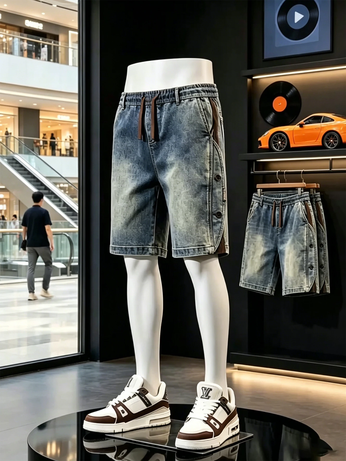 American Retro Blue Denim Men's Short Pants Summer Design Splicing Five-Button Loose Fit Casual Fashion Brand Jeans Shorts