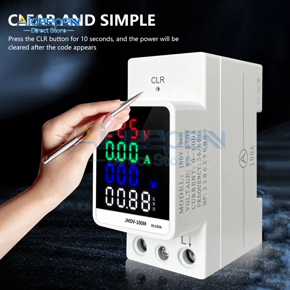 70-270V/100A Power Meter Household 4 in 1 Color Screen Multi-function AC Energy Power Voltmeter Voltage Amps Watt Kwh Meter