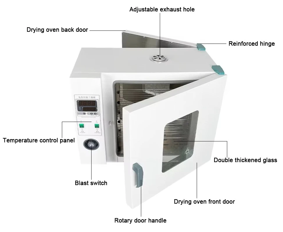 Laboratory electric automatic universal hot air drying oven stainless steel cavity 50-250°C temperature range 2 shelves