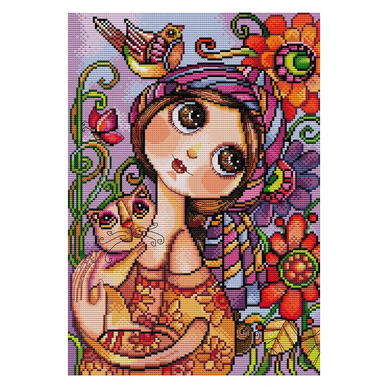 Joy Sunday Cross Stitch Kit Big-eyed Girl 11CT 14CT Printed Cross Stitch Embroidery Kit Set Crosstitch Kit Needlework Homefun
