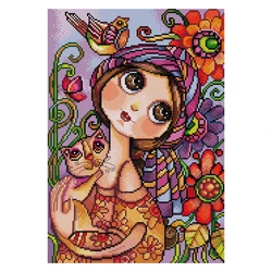 Joy Sunday Cross Stitch Kit Big-eyed Girl 11CT 14CT Printed Cross Stitch Embroidery Kit Set Crosstitch Kit Needlework Homefun