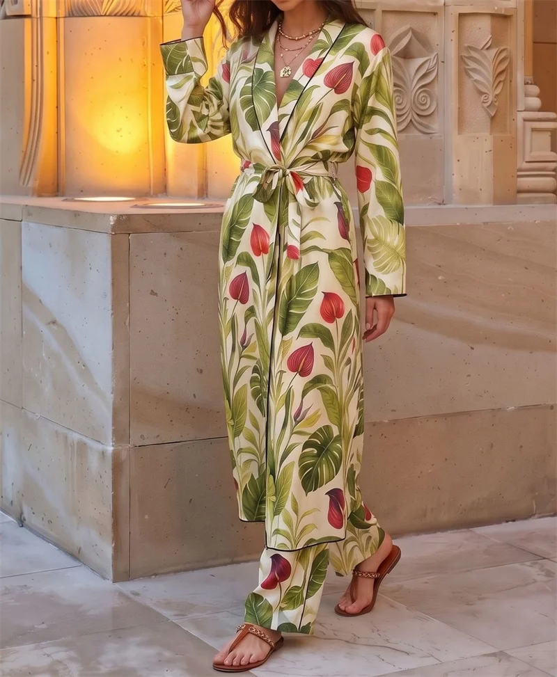 2PCS Women's Sexy Long Sleeve Printed Beach Dress Cardigan Blouse and Long Pant Summer Bikini Cover-Up Swimsuit Sunscreen Cape