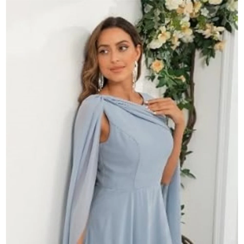 Scoop Neck Mother of The Bride Dresses Cape Shawl Ruffle Long Formal Evening Gowns Chiffon A Line Wedding Guest Bridesmaid Dress