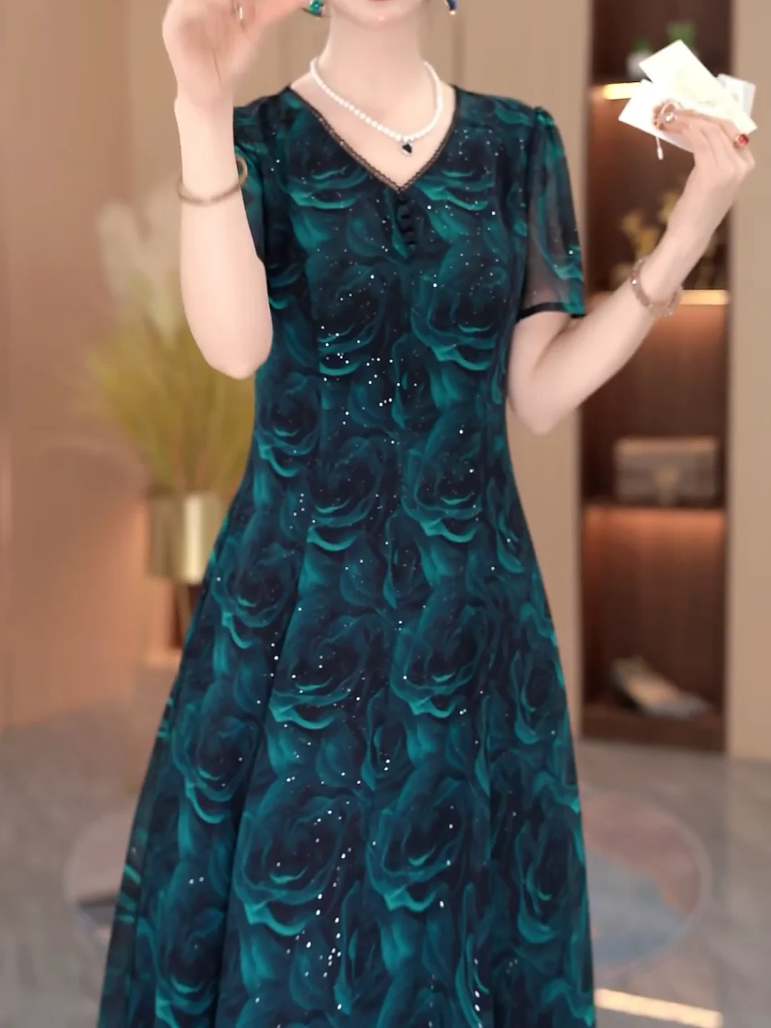 Ele Floral Print Slim Fit Midi Dr Luxury mat Sle Falda acampanada de cintura alta ort Sve V-Ne Daily Wear Summe...