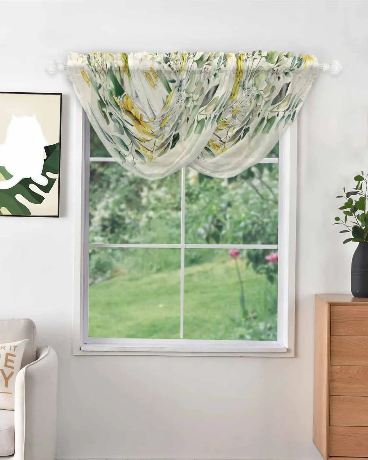 Cortinas de tul irregulares para sala de estar, cortina transparente de gasa para cocina, planta, hojas de eucalipto, campo, flor de salvia, margaritas amarillas