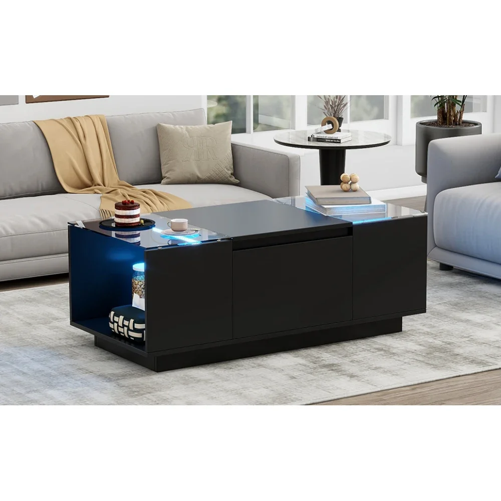 Led Coffee Table,High-Gloss Finish and Glass Tabletop,Table with Open Storage Compartment and 2 Hidden Drawers，Living Room