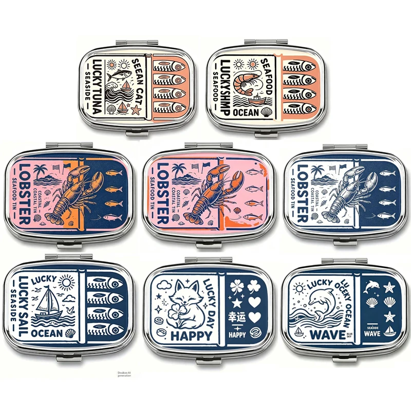 1Pcs Sardines Print Metal Pill Box, Portable 2-Compartment Travel Pill Organizer For Vitamins & Pills