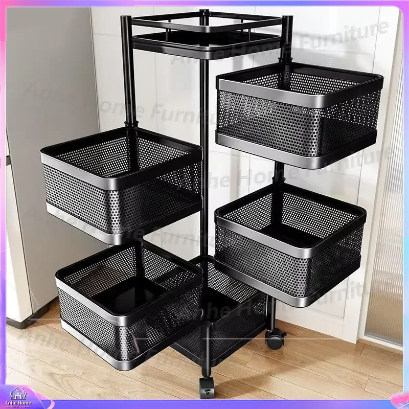 Rotating Kitchen Storage Rack 3 4 5 Tier Rolling Fruit Vegetable Basket Organizer Snack Toy Home Shelf Cabinet Cart